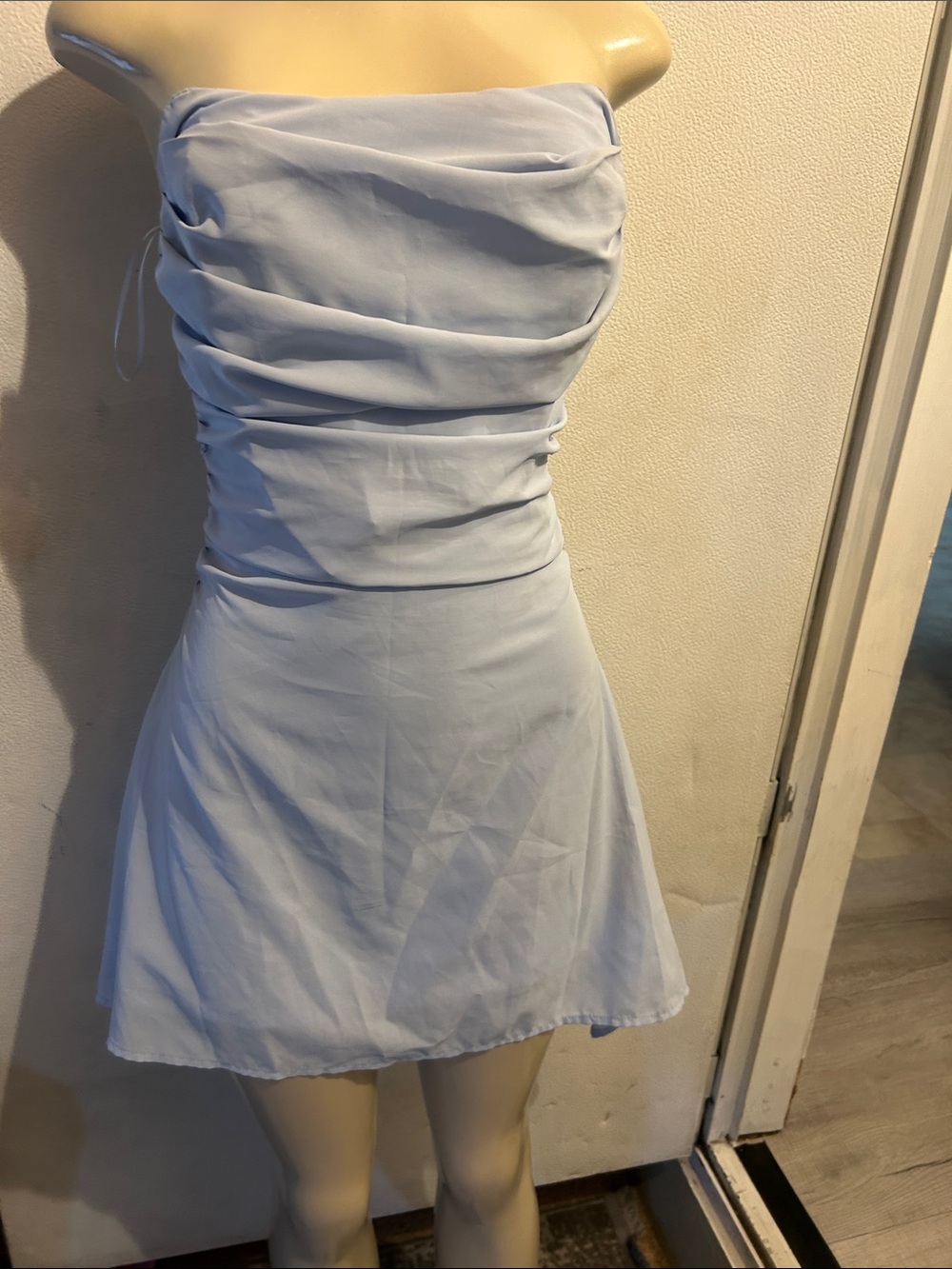 Strapless Light Blue Ruched Mini Dress